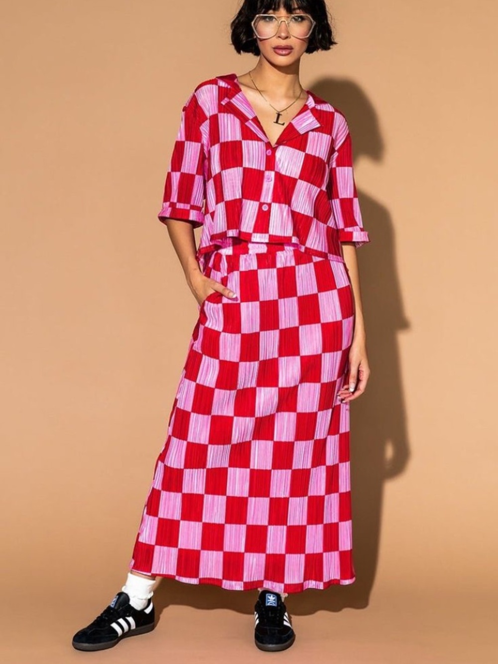 NWT Dressed in Lala Ćest la Vie Plissé Skirt Set in Red + Pink